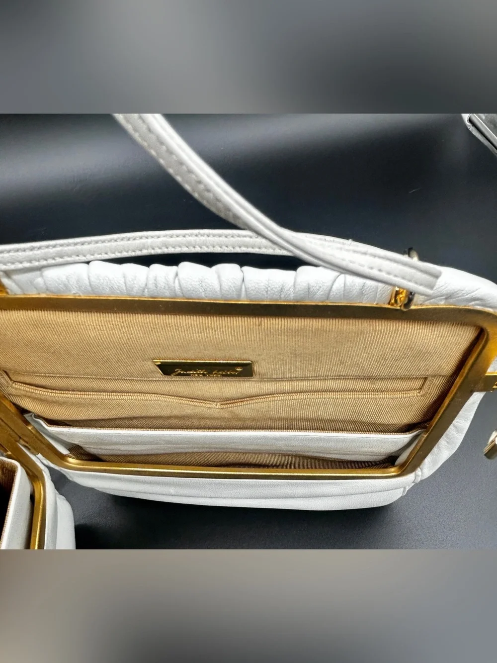 Vintage Judith Leiber White Leather Shoulder Clutch Bag Purse Gold Hardware Bow